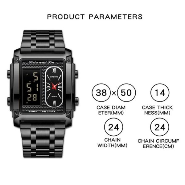 BINBOND B2311 30m Waterproof Men LED Luminous Multifunctional Quartz Watch, Color: Black Steel-Black - Image 3