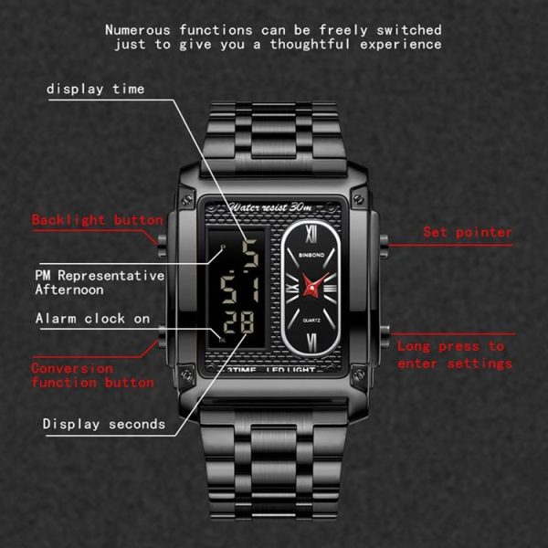 BINBOND B2311 30m Waterproof Men LED Luminous Multifunctional Quartz Watch, Color: Black Steel-Black - Image 4
