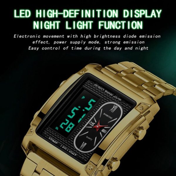 BINBOND B2311 30m Waterproof Men LED Luminous Multifunctional Quartz Watch, Color: Black Steel-Black - Image 5