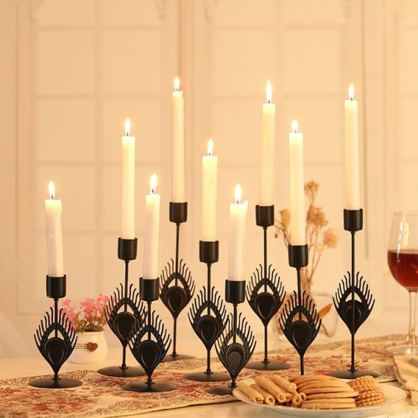 3 In 1 Black Feather Candlestick Wedding Decoration Romantic Candlelight Home Ornaments (Black) - Image 6