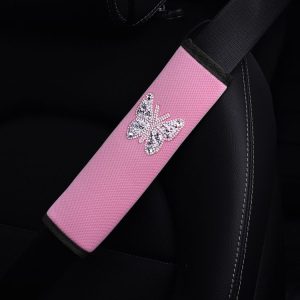 Car Seat Belt Cover Diamond Butterfly Shoulder Strap Cushion Cover 6.5x23cm (Pink White)