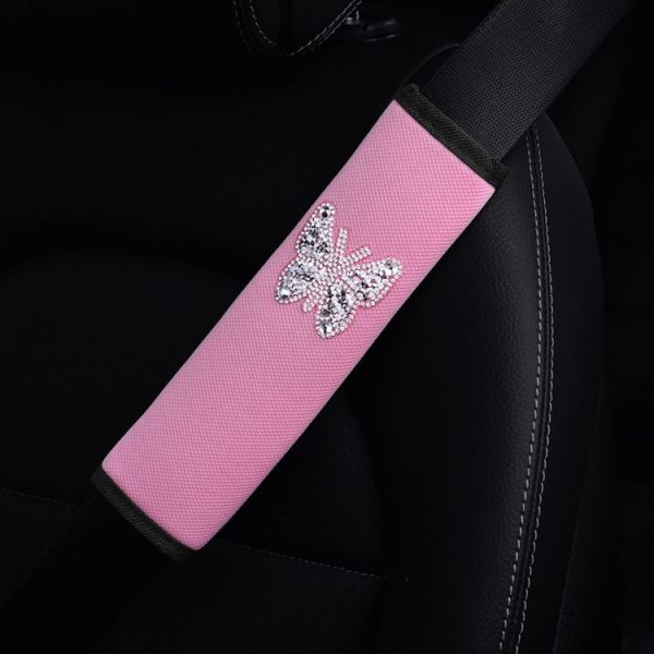 Car Seat Belt Cover Diamond Butterfly Shoulder Strap Cushion Cover 6.5x23cm (Pink White)