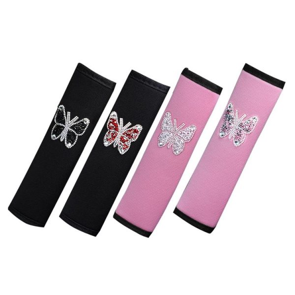 Car Seat Belt Cover Diamond Butterfly Shoulder Strap Cushion Cover 6.5x23cm (Pink White) - Image 2