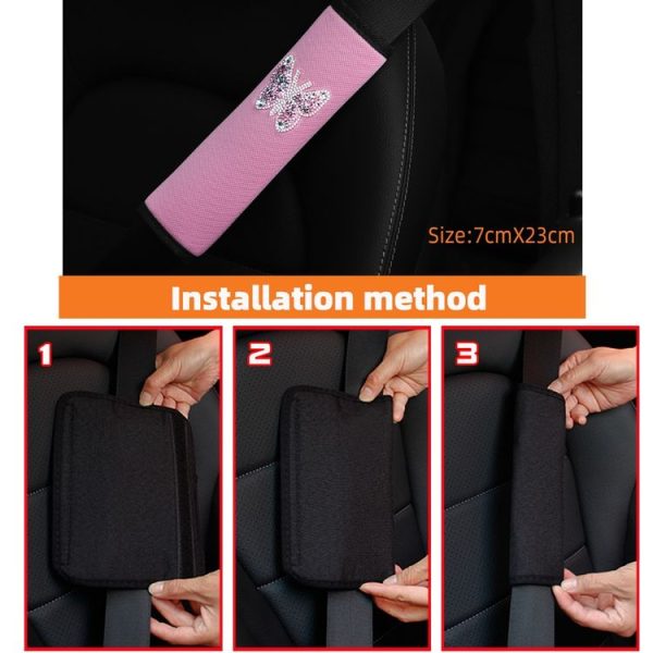 Car Seat Belt Cover Diamond Butterfly Shoulder Strap Cushion Cover 6.5x23cm (Pink White) - Image 4