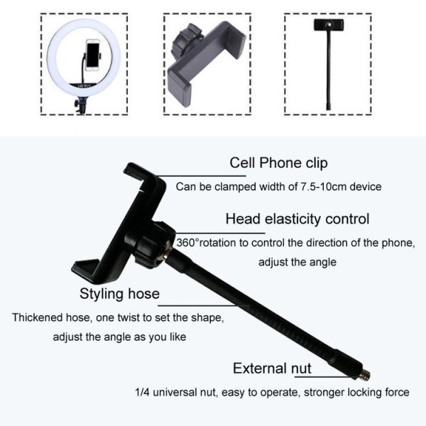 Live Beauty Ring Light Phone Clip 360 Rotating Heads Hose Clamp Stand (Black) - Image 5
