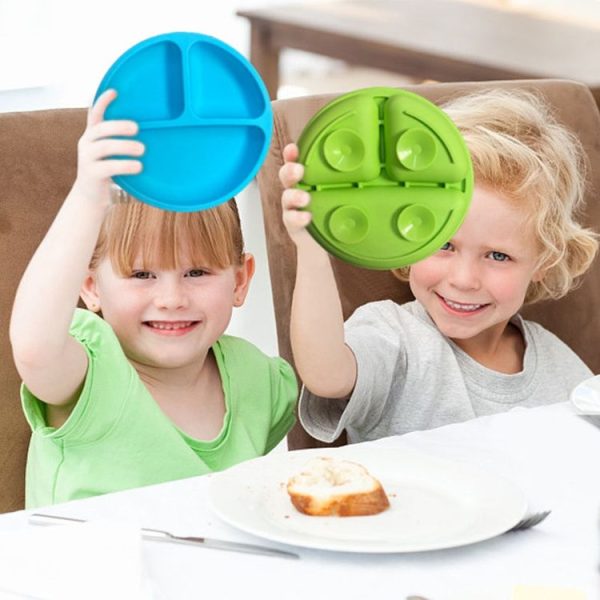 3 Compartments Baby Silicone Suction Cup Plate Childrens Complementary Feeding Bowl (Blue) - Image 2