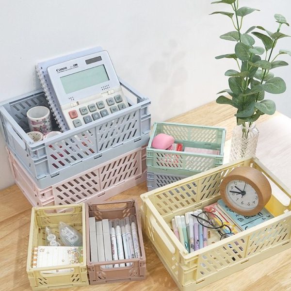 Folding Stackable Storage Basket Plastic Hollow Home Office Organizer Container Larg Light Blue - Image 2