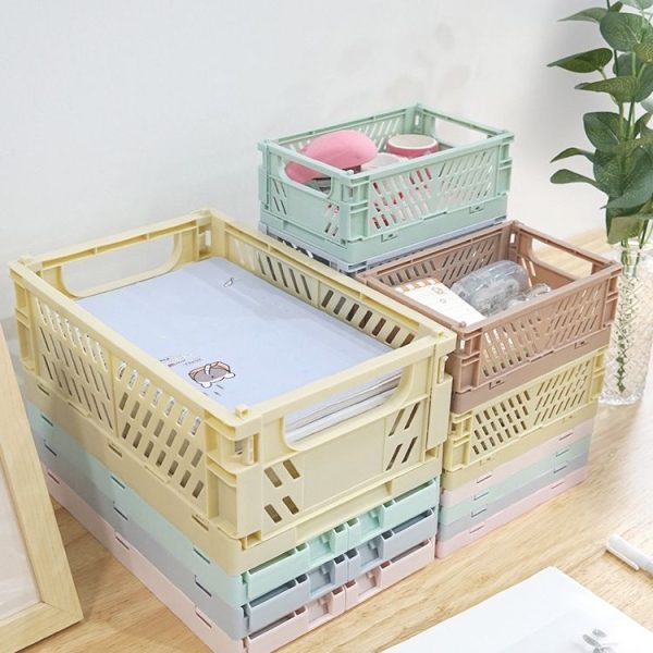 Folding Stackable Storage Basket Plastic Hollow Home Office Organizer Container Larg Light Blue - Image 3