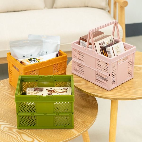 Stacking Folding Storage Baskets Home Kitchen Storage Bin Organizer With Handle 24.4 x 18 x 1.4cm (Green) - Image 2