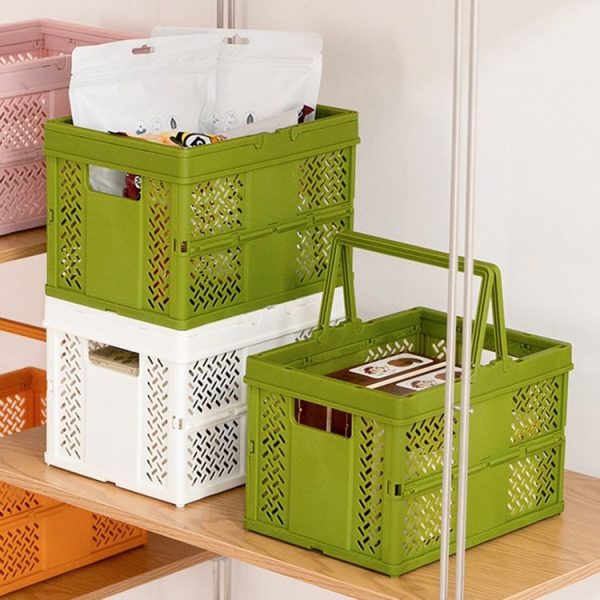 Stacking Folding Storage Baskets Home Kitchen Storage Bin Organizer With Handle 24.4 x 18 x 1.4cm (Green) - Image 7
