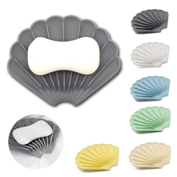 15x12.5x1.5cm Drainable Silicone Soap Box No Hole Deflector Soap Dish Shell Shape Non-Slip Soap Holder (White) - Image 2