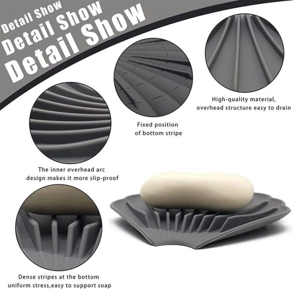 15x12.5x1.5cm Drainable Silicone Soap Box No Hole Deflector Soap Dish Shell Shape Non-Slip Soap Holder (White) - Image 7