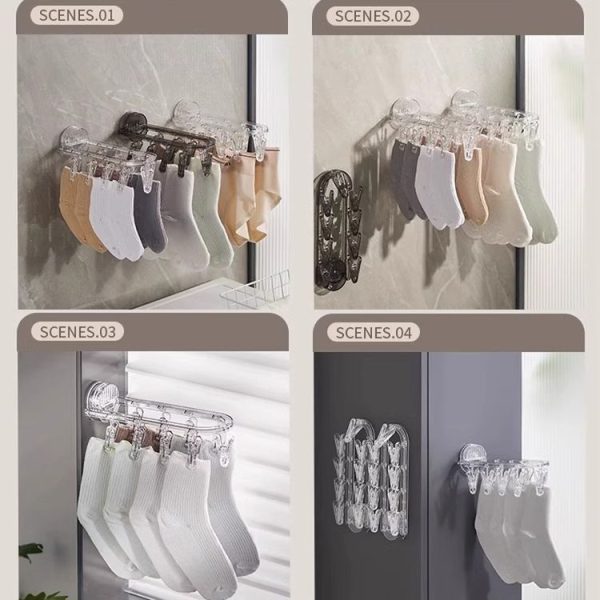 Suction Cup Clothes Rack Multi Clips Wall Mounted Indoor Outdoor Balcony Multifunctional Folding Clothes Hanger (Grey) - Image 13