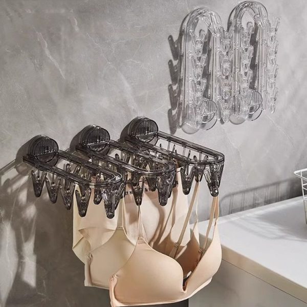 Suction Cup Clothes Rack Multi Clips Wall Mounted Indoor Outdoor Balcony Multifunctional Folding Clothes Hanger (Grey) - Image 2