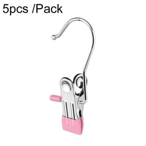 5pcs / Pack Stainless Steel Flat Clip With Hook Anti-Scratch Catch Laundry Drying Holder (Pink)