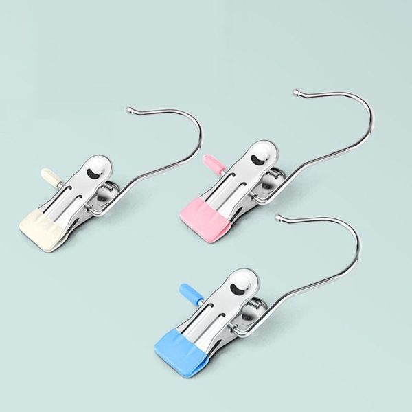 5pcs / Pack Stainless Steel Flat Clip With Hook Anti-Scratch Catch Laundry Drying Holder (Pink) - Image 2