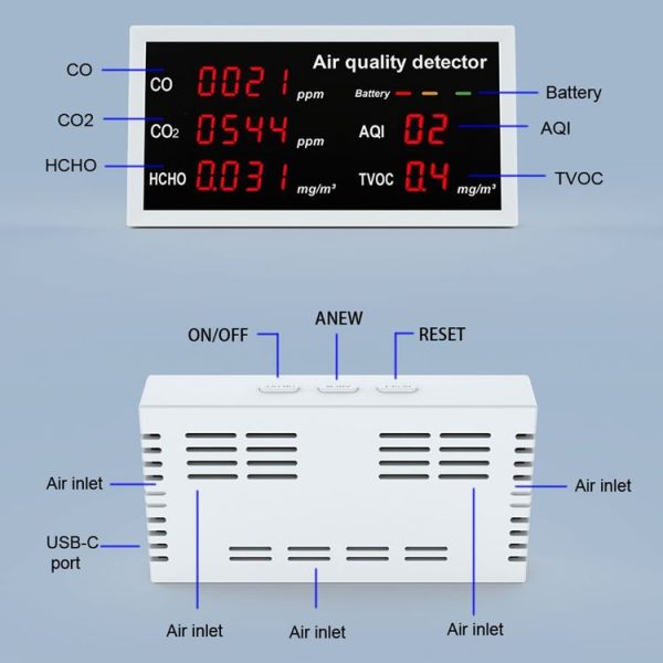 5-in-1 Indoor Home Portable Air Monitor TVOC Formaldehyde Detector (W17 White) - Image 4