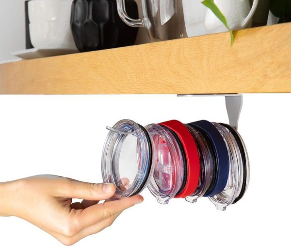 Tumbler Lid Organizer Self-Adhesive Under-Cabinet Cup Lid Storage Rack, Color: Black - Image 2