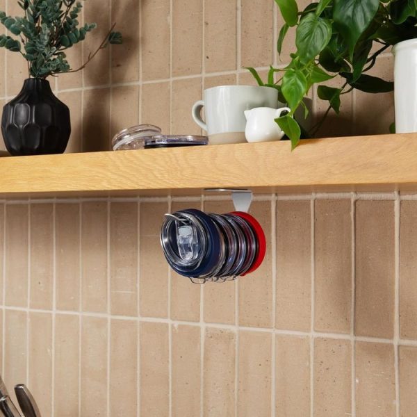 Tumbler Lid Organizer Self-Adhesive Under-Cabinet Cup Lid Storage Rack, Color: Black - Image 7