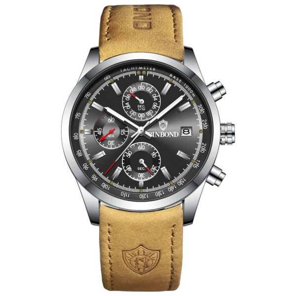 BINBOND B6022 30m Waterproof Luminous Multifunctional Quartz Watch, Color: Leather-White Steel-Black