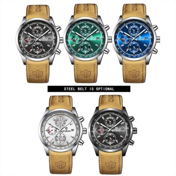BINBOND B6022 30m Waterproof Luminous Multifunctional Quartz Watch, Color: Leather-White Steel-Black - Image 2