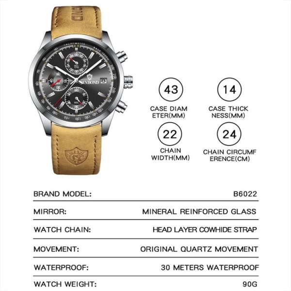 BINBOND B6022 30m Waterproof Luminous Multifunctional Quartz Watch, Color: Leather-White Steel-Black - Image 3