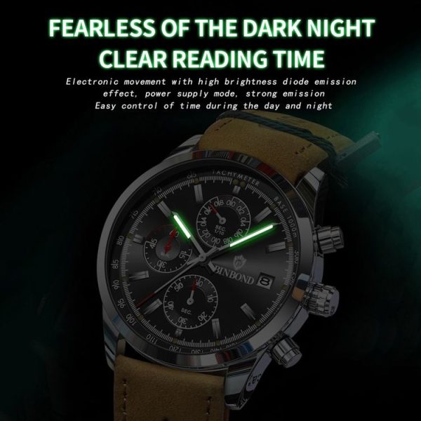 BINBOND B6022 30m Waterproof Luminous Multifunctional Quartz Watch, Color: Leather-White Steel-Black - Image 4