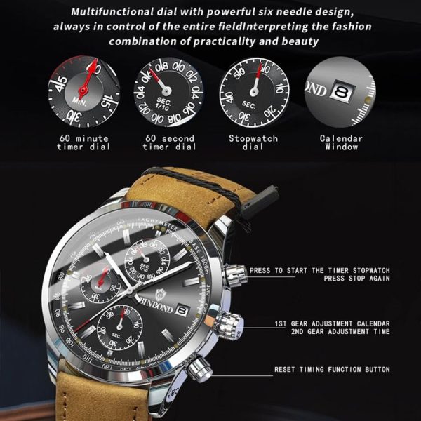 BINBOND B6022 30m Waterproof Luminous Multifunctional Quartz Watch, Color: Leather-White Steel-Black - Image 5
