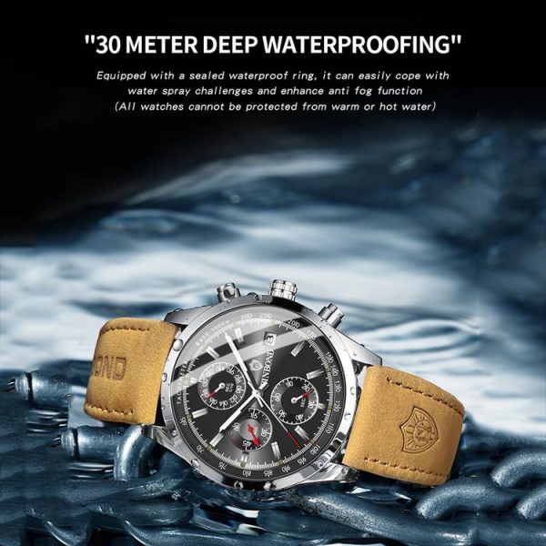 BINBOND B6022 30m Waterproof Luminous Multifunctional Quartz Watch, Color: Leather-White Steel-Black - Image 6