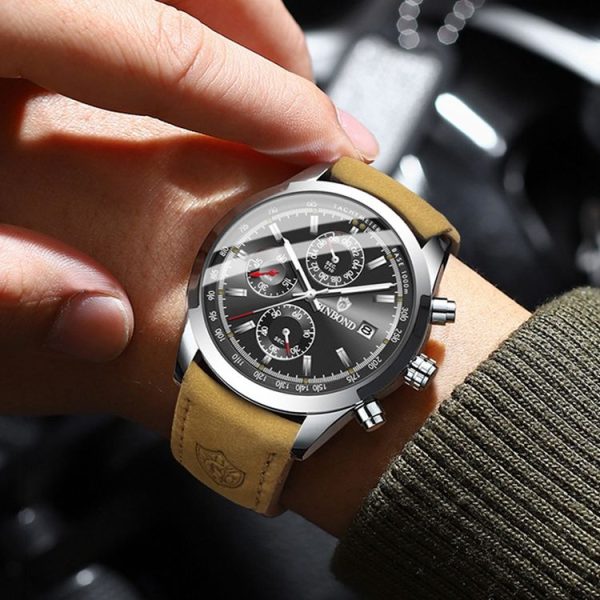 BINBOND B6022 30m Waterproof Luminous Multifunctional Quartz Watch, Color: Leather-White Steel-Black - Image 7