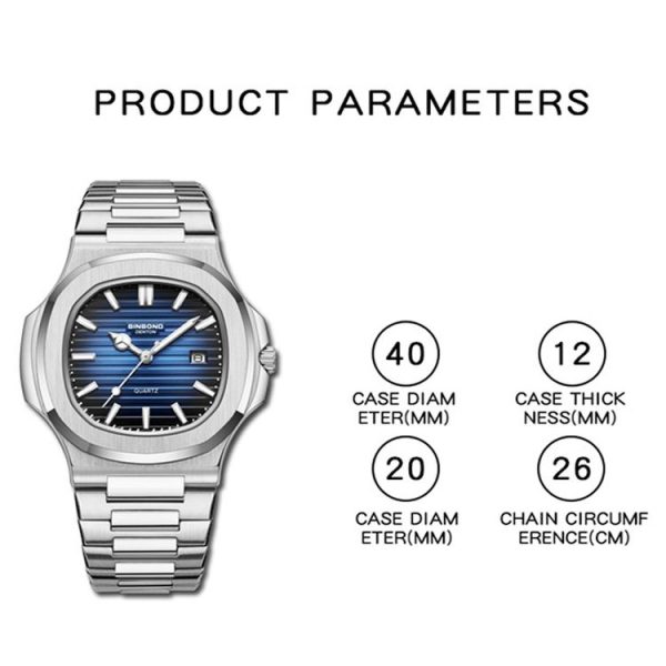 BINBOND B1885 30m Waterproof Retro Luminous Square Men Quartz Watch, Color: White Steel-Blue - Image 3