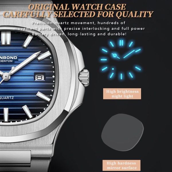 BINBOND B1885 30m Waterproof Retro Luminous Square Men Quartz Watch, Color: White Steel-Blue - Image 5