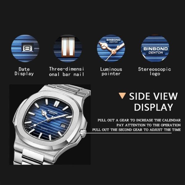 BINBOND B1885 30m Waterproof Retro Luminous Square Men Quartz Watch, Color: White Steel-Blue - Image 7