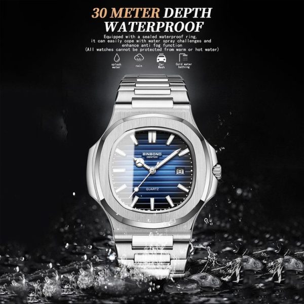 BINBOND B1885 30m Waterproof Retro Luminous Square Men Quartz Watch, Color: White Steel-Blue - Image 8