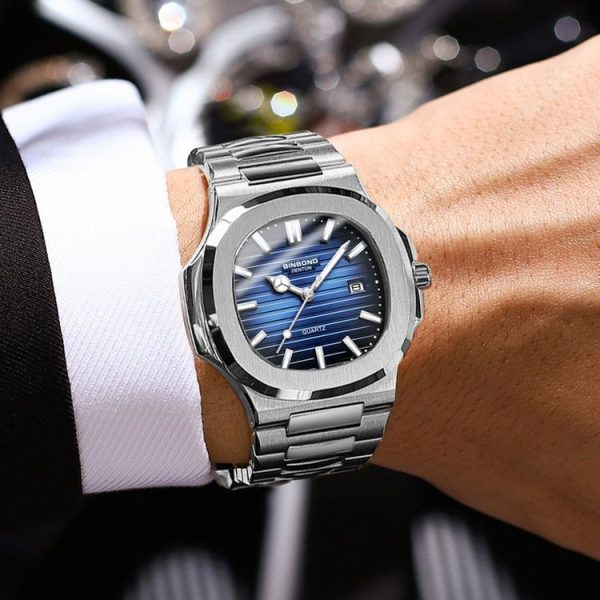 BINBOND B1885 30m Waterproof Retro Luminous Square Men Quartz Watch, Color: White Steel-Blue - Image 9