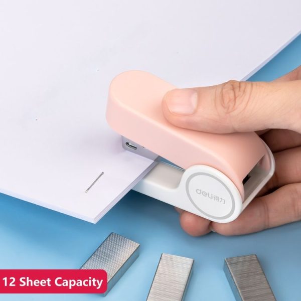 Deli Mini Stapler Includes 830 Staples, 12 Sheet Capacity (White) - Image 4