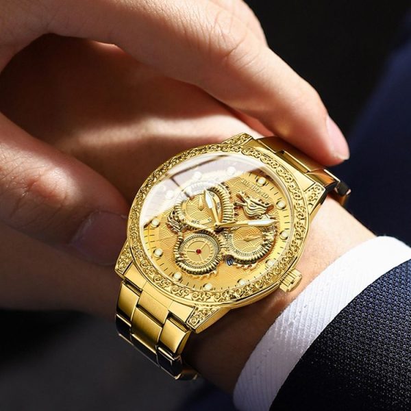 BINBOND B3030 Embossed Dragon Luminous Waterproof Quartz Watch, Color: Full-gold Gold - Image 10