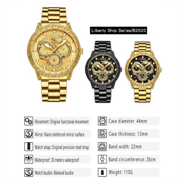 BINBOND B3030 Embossed Dragon Luminous Waterproof Quartz Watch, Color: Full-gold Gold - Image 3