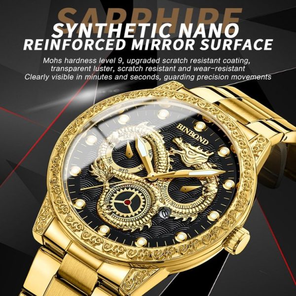 BINBOND B3030 Embossed Dragon Luminous Waterproof Quartz Watch, Color: Full-gold Gold - Image 7