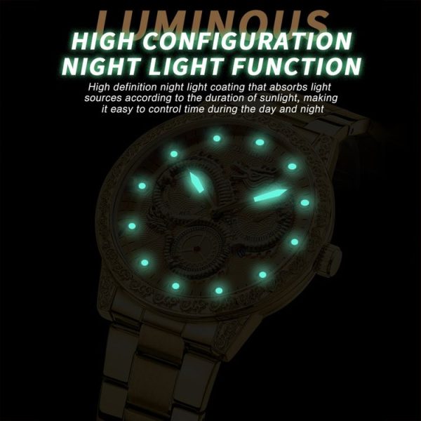 BINBOND B3030 Embossed Dragon Luminous Waterproof Quartz Watch, Color: Full-gold Gold - Image 8