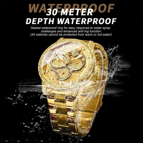 BINBOND B3030 Embossed Dragon Luminous Waterproof Quartz Watch, Color: Full-gold Gold - Image 9