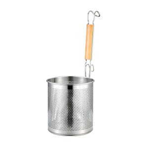 Household Stainless Steel Wooden Handle Spoon Kitchen Filtering Powder Oil Leakage Frying Basket, Model: 12cm Round Handle