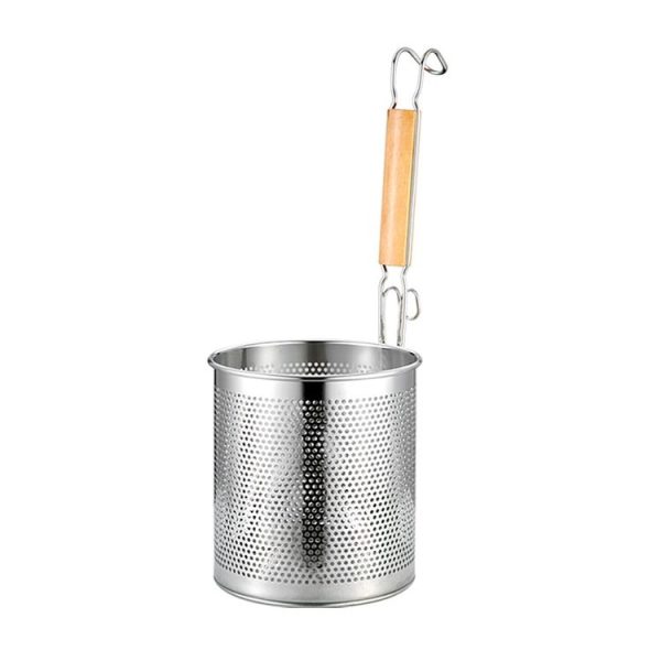 Household Stainless Steel Wooden Handle Spoon Kitchen Filtering Powder Oil Leakage Frying Basket, Model: 12cm Round Handle