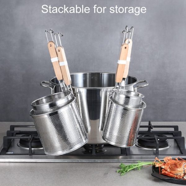 Household Stainless Steel Wooden Handle Spoon Kitchen Filtering Powder Oil Leakage Frying Basket, Model: 12cm Round Handle - Image 5
