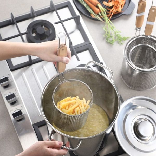 Household Stainless Steel Wooden Handle Spoon Kitchen Filtering Powder Oil Leakage Frying Basket, Model: 12cm Round Handle - Image 9