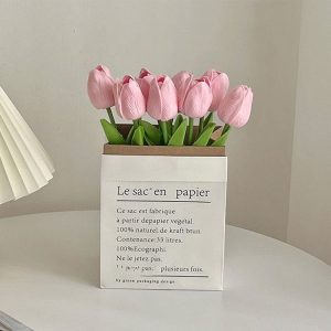 10 In 1 Tulip Bouquet With Paper Bag Home Decoration Simulation Flowers Paper Bag Floral Set Arrangement (Pink)