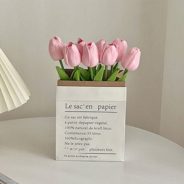 10 In 1 Tulip Bouquet With Paper Bag Home Decoration Simulation Flowers Paper Bag Floral Set Arrangement (Pink)