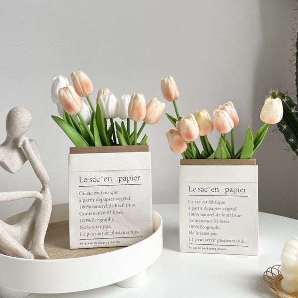 10 In 1 Tulip Bouquet With Paper Bag Home Decoration Simulation Flowers Paper Bag Floral Set Arrangement (Pink) - Image 2