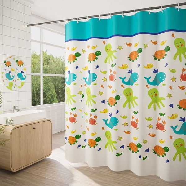 80x180cm Thickened Polyester Fabric Printed Shower Curtain Cute Cartoon Waterproof Curtain With Hooks - Image 2
