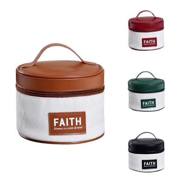 Handheld PU Barrel Cosmetic Bag Cosmetic Storage Bag Travel Toiletry Bag (Brown) - Image 2